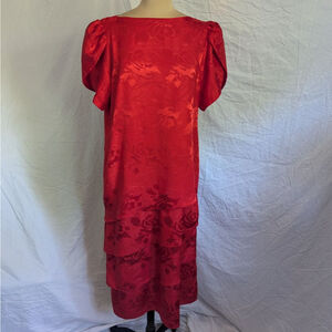 VTG Lizzy & Johnny Red Silky Floral Tulip Sleeve Tiered Shift‎ Dress Women's 16